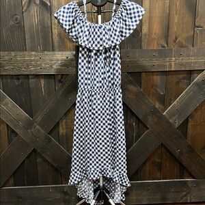 Lildy Plaid Off The Shoulder Midi Dress L XL Blue White Ruffle Boho Cottagecore